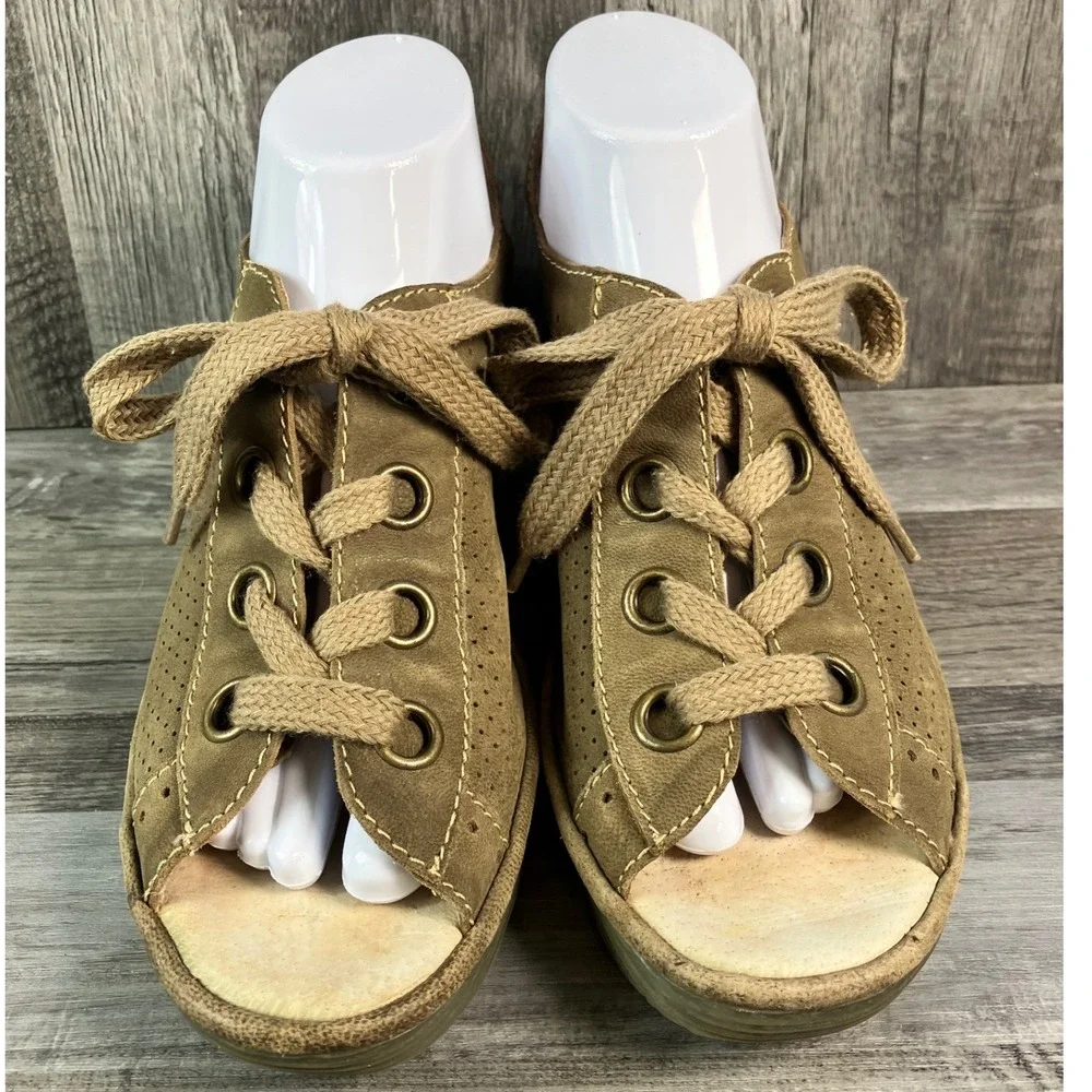 Fly London Yuna Taupe Brown Leather Lace Up Wedge Sandals Womens 39 P500617001